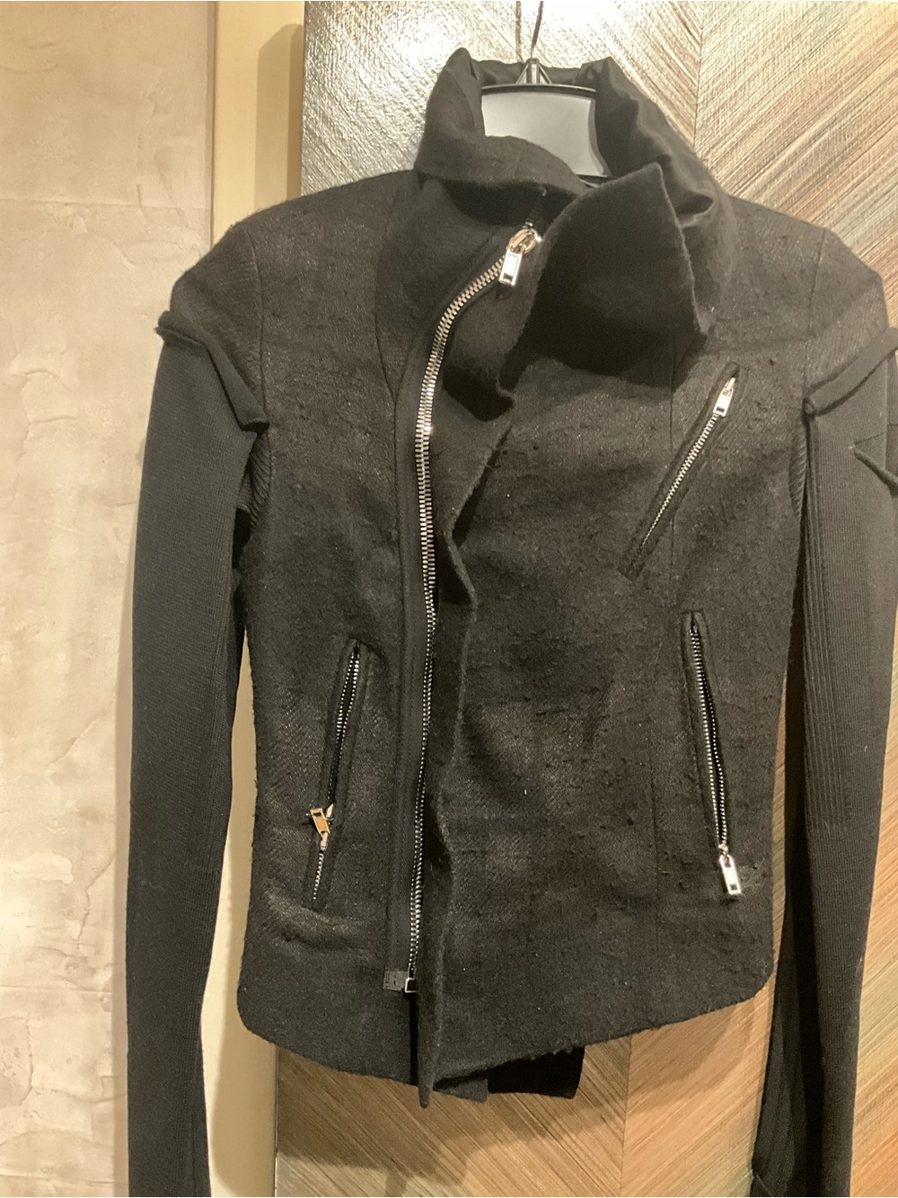 Rick Owens Black Asymmetrical Zip Leather-Panel Jacket